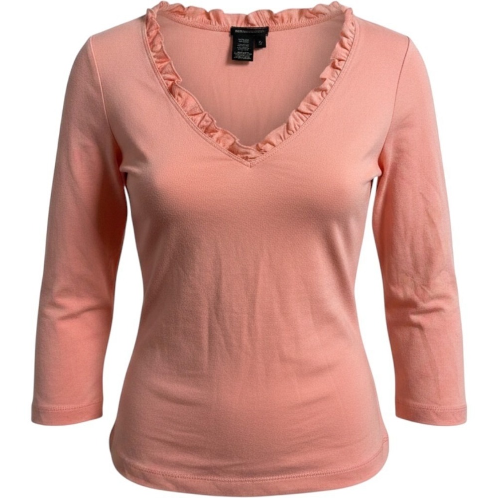 BCBGMAXAZRIA Peach‎ Coral Ruffle V-Neck Ruched 3/4 Sleeve Top Small